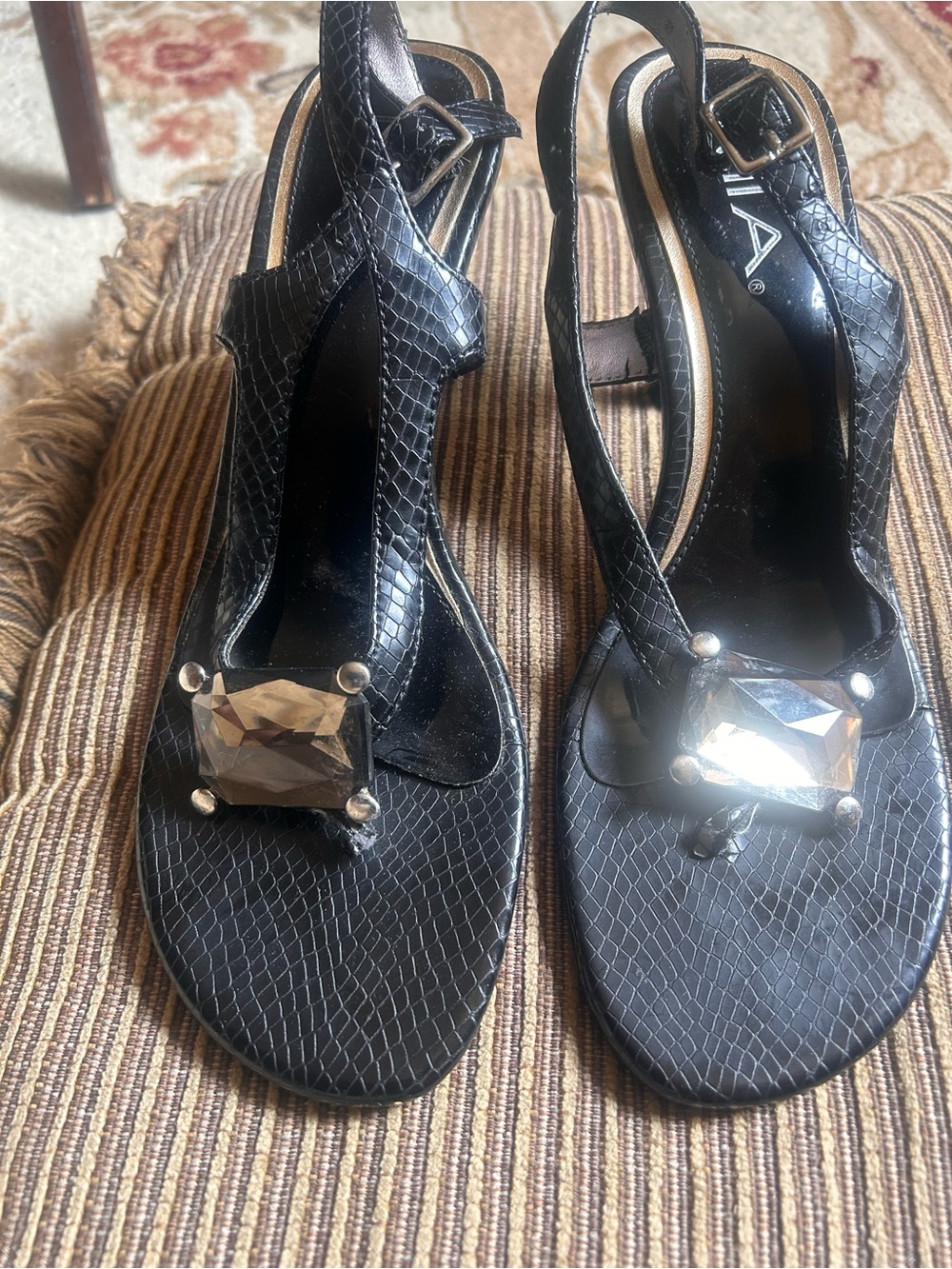 MIA Black Faux-Snakeskin thong Sandals with Large Clear Gemstones